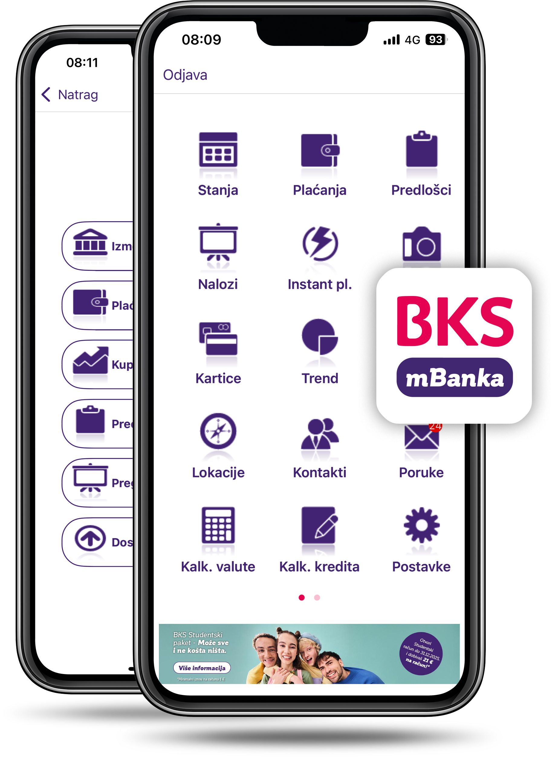 Zwei Smartphones mit der BKS Bank App offen. Zwei Smartphones mit der BKS Bank App offen.