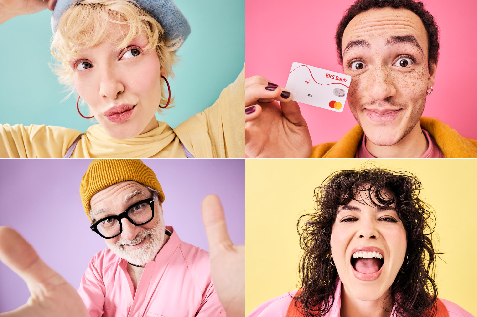 Četiri portreta na šarenim pozadinama – raznolikost i individualnost s modelima računa BKS Banke. Četiri portreta na šarenim pozadinama – raznolikost i individualnost s modelima računa BKS Banke.
