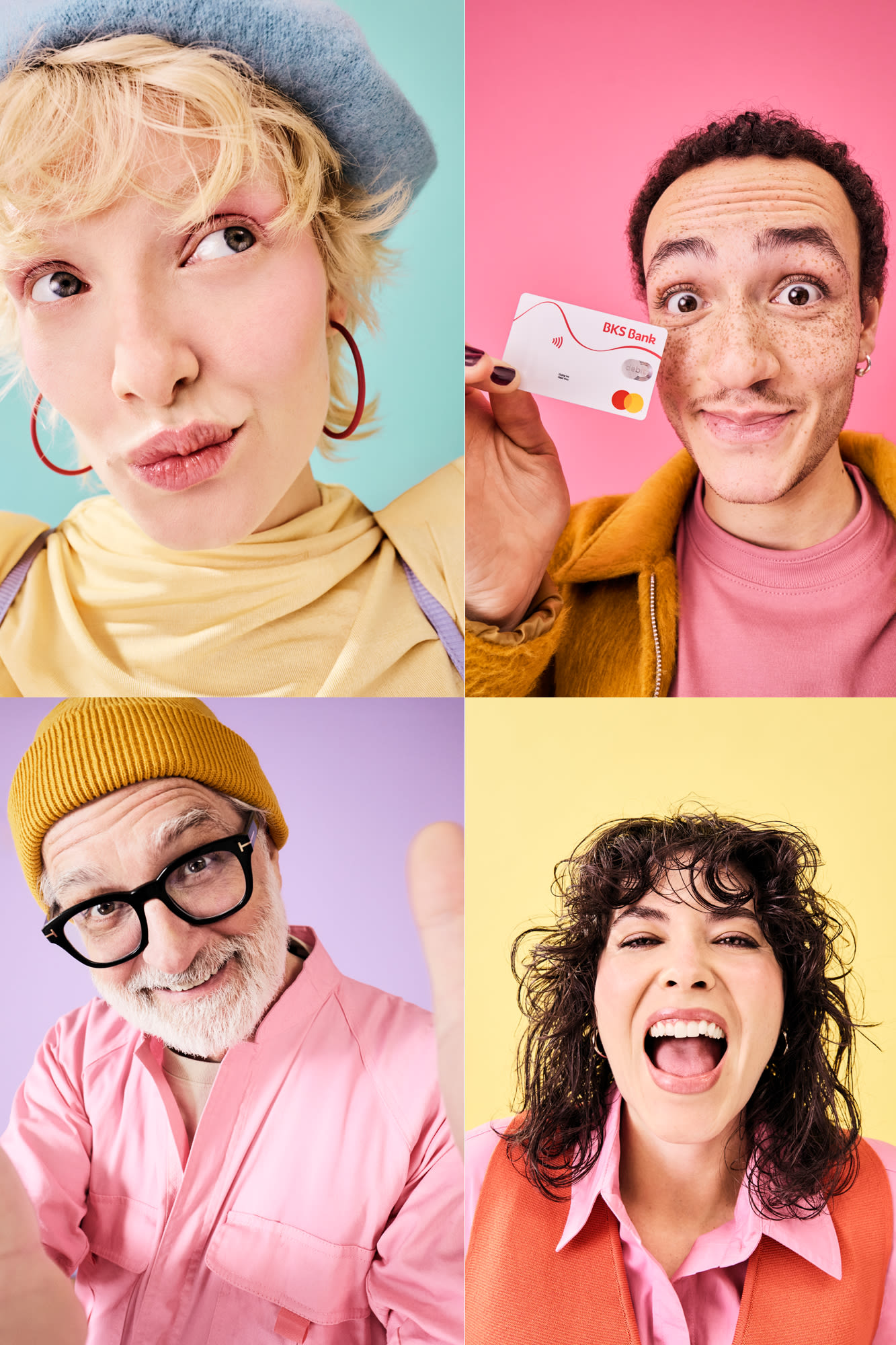 Četiri portreta na šarenim pozadinama – raznolikost i individualnost s modelima računa BKS Banke. Četiri portreta na šarenim pozadinama – raznolikost i individualnost s modelima računa BKS Banke.